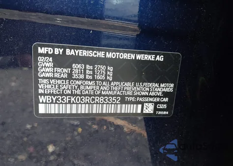 2024 BMW I5 Edrive40 from USA, damaged, VIN WBY33FK03RCR83352